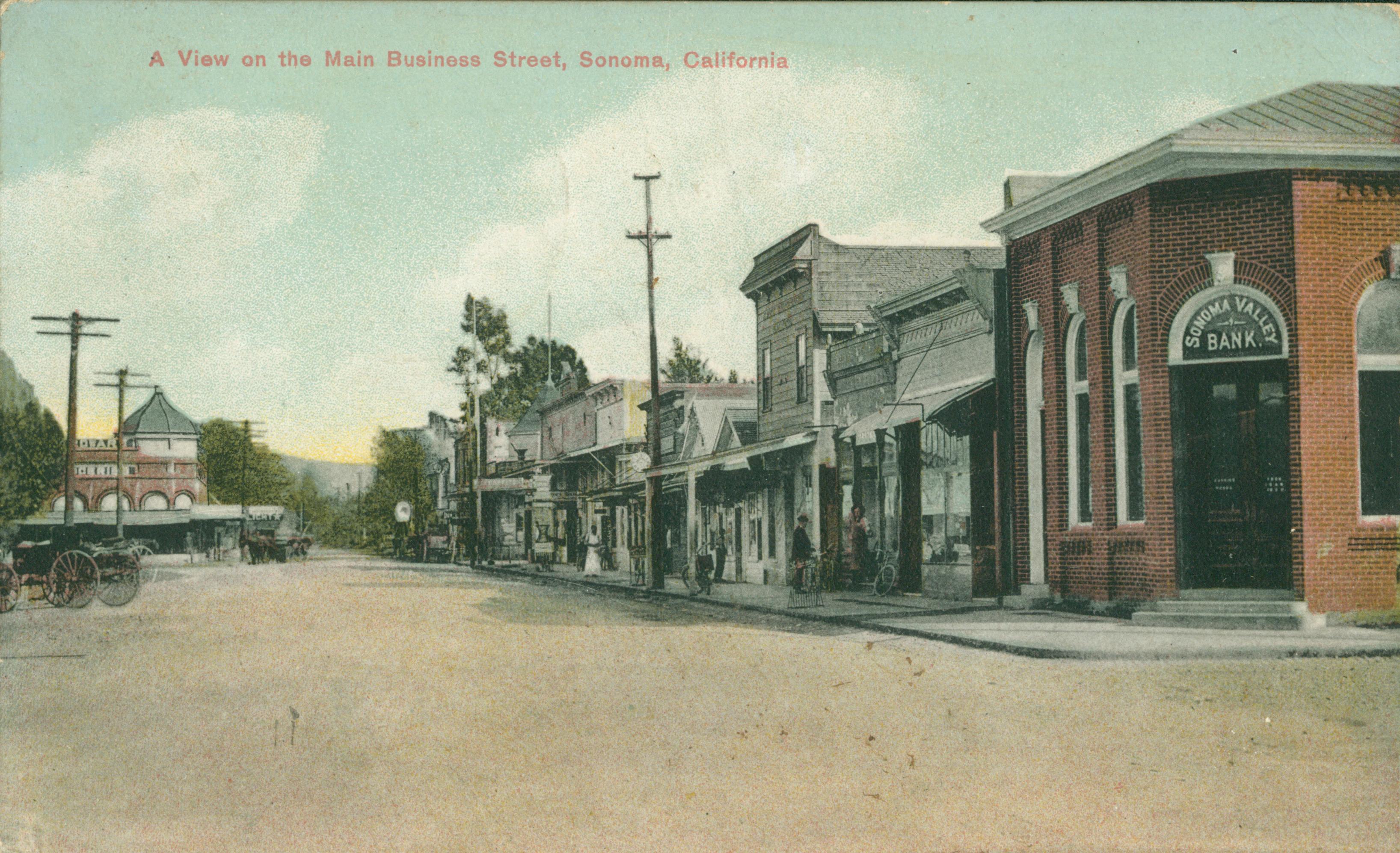 Shows a street in Sonoma, lined by buildings